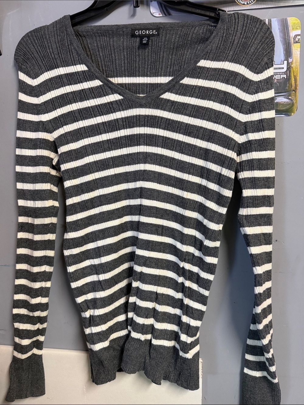 George Gray & White Striped V-Neck Long Sleeve Sweater